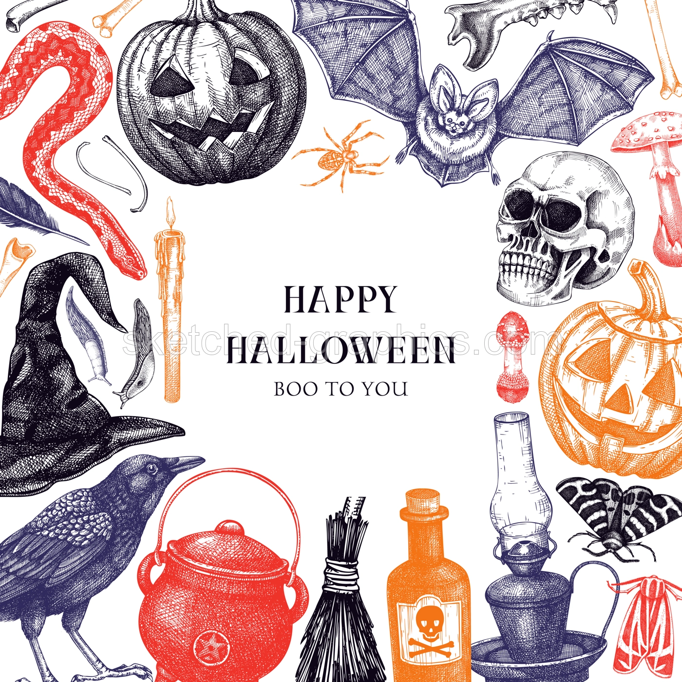 Halloween frame design. Hand drawn vector illustrations of Skull, bones, Halloween pumpkin, poisonous mushrooms, snakes, raven. Party invitation, flyer, card template in sketch style Illustration